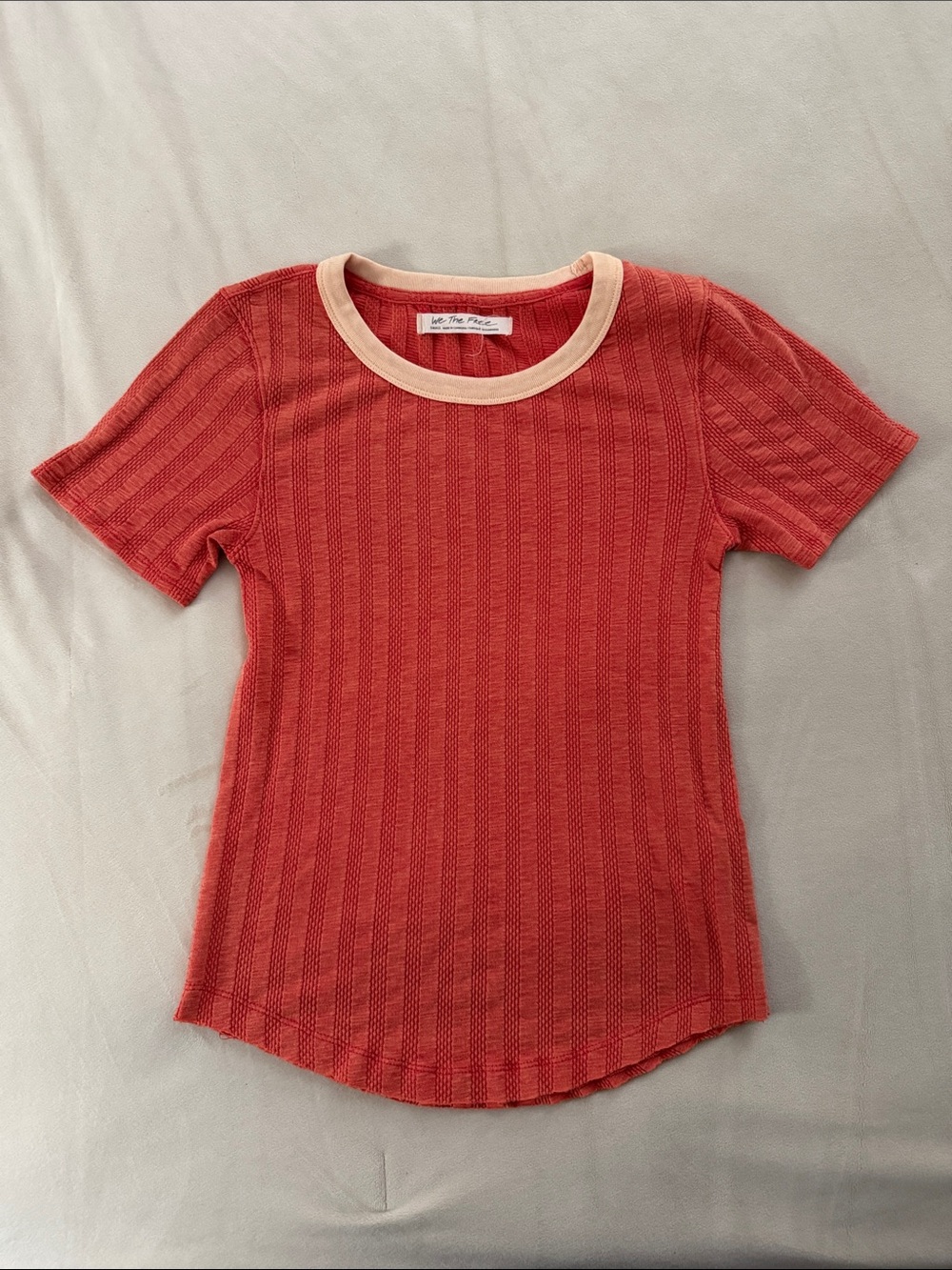 We The Free Coral Ribbed Tee with Cream Neckline